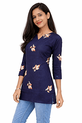 Women Navy Blue Leaf Printed Straight Tunic Top (3/4 Sleeve, V-Neck)
