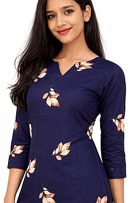 Women Navy Blue Leaf Printed Straight Tunic Top (3/4 Sleeve, V-Neck)