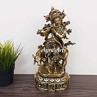 Brass Fine Cow Krishna with Flute - 12 inch Height | Artistic Beauty