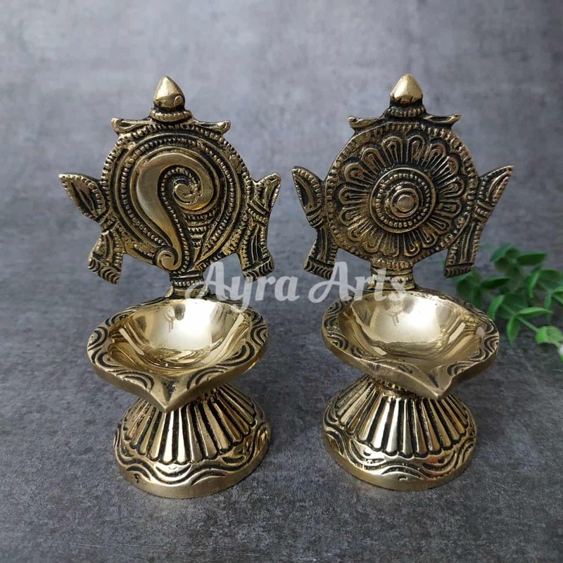 Brass Shankhchakra Diya Set - 4.3" Height | Exclusive Offer