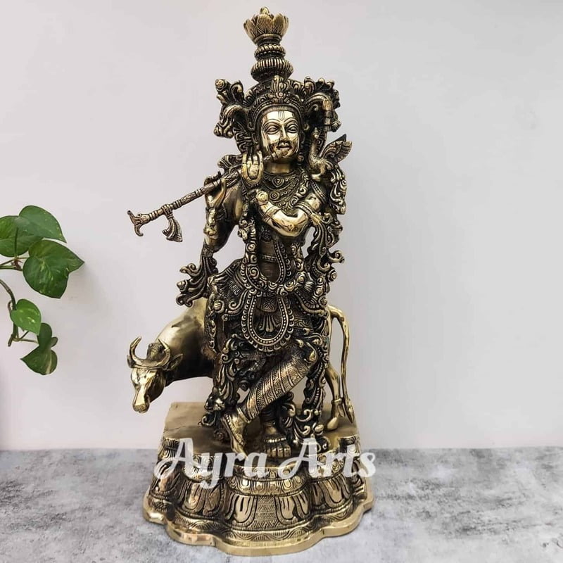 Brass Cow Krishna with Flute - 23 inch Height | Exquisite Detailing