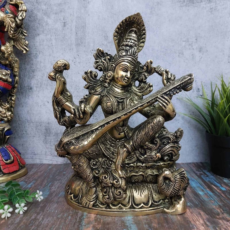 Brass Saraswati Idol - 11 inch Height | Divine Craftsmanship