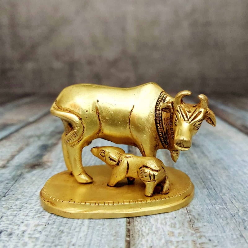 Brass Cow and Calf | Kamadhenu - 2.2 inch Height | Sacred Symbol of Abundance