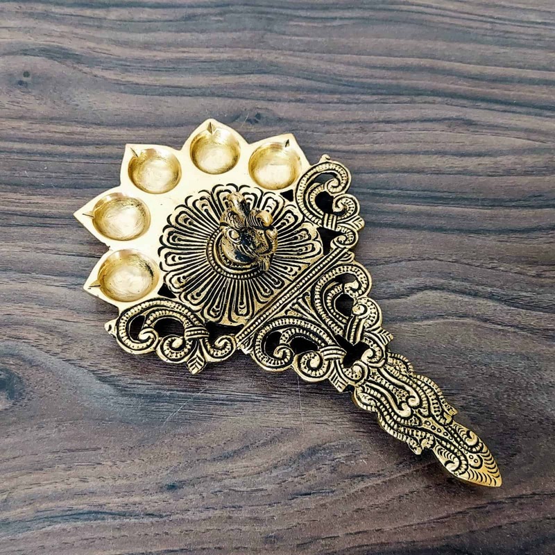 Brass Peacock Pancharti | 5 Petal Pooja Spoon - 8 inch Length | Elegant Brass Spoon for Devotional Offerings
