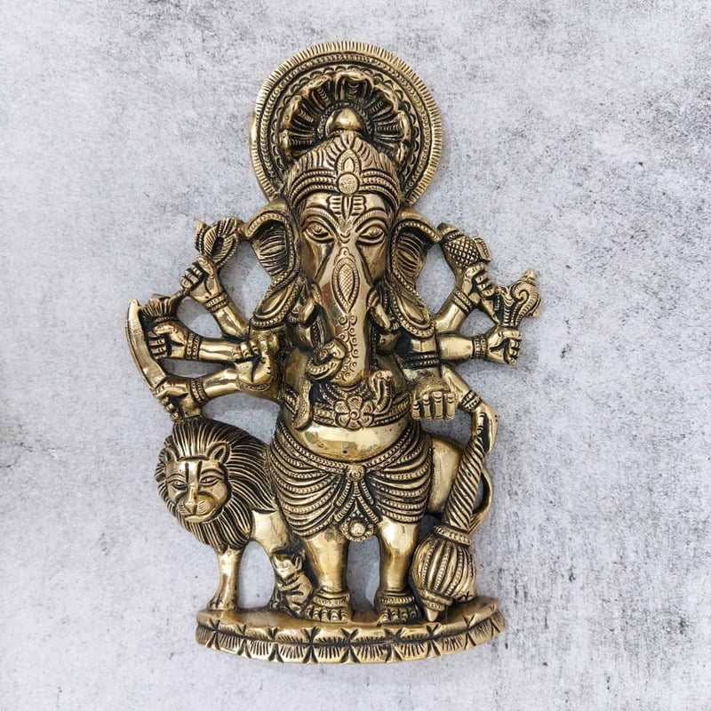 Brass Shuba Drishti Ganapathy with Lion Wall Hanging - 9 inch Height | Buy Online