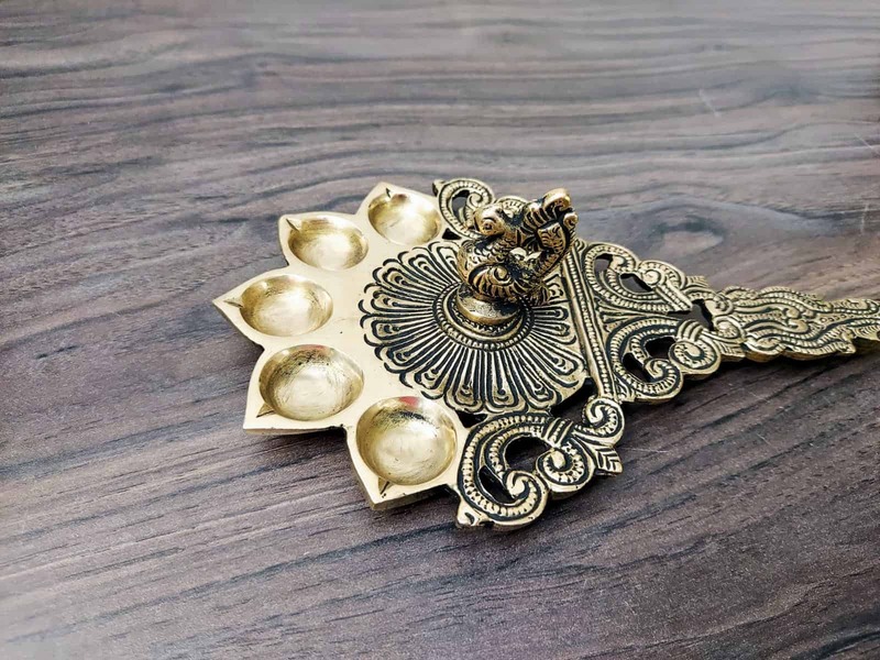 Brass Peacock Pancharti | 5 Petal Pooja Spoon - 8 inch Length | Elegant Brass Spoon for Devotional Offerings