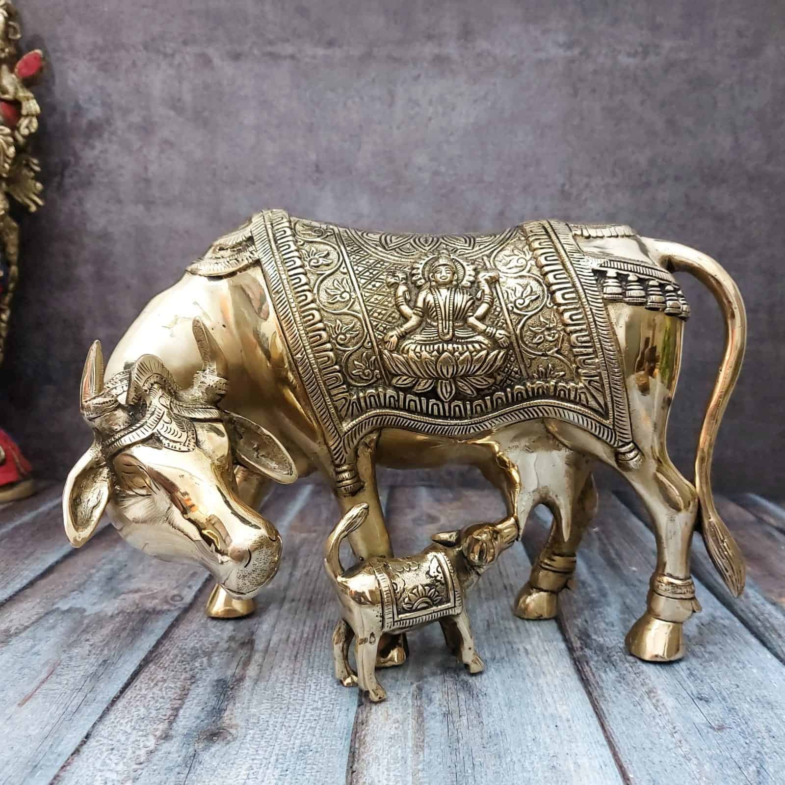 Brass Kamadhenu Cow and Calf - 9 inch Height | Sacred Brass Kamadhenu Cow and Calf Statue for Blessings