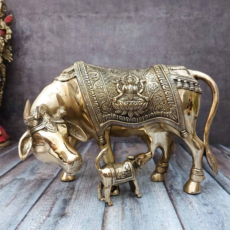 Brass Kamadhenu Cow and Calf - 9 inch Height | Sacred Brass Kamadhenu Cow and Calf Statue for Blessings