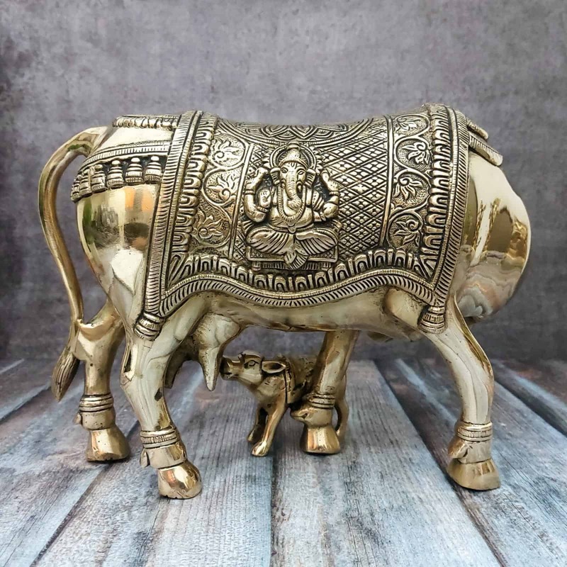 Brass Kamadhenu Cow and Calf - 9 inch Height | Sacred Brass Kamadhenu Cow and Calf Statue for Blessings