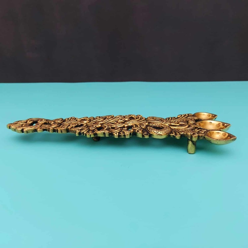 Brass Sheshnag Three Wick Aarti Spoon - 10.2 inch Length | Divine Brass Spoon with Serpent Design