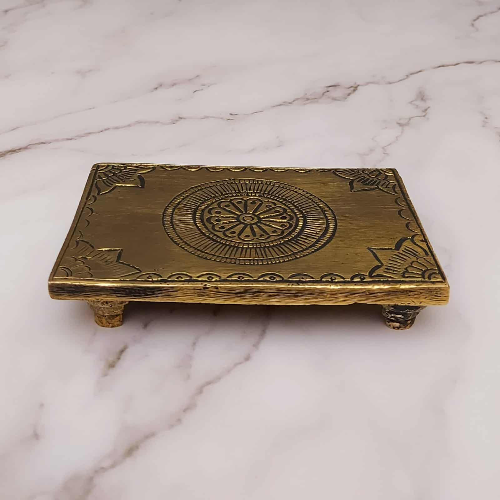 Brass Handcarved Pooja Chowki - 4.6 inch Length | Artistic Brass Base for Deity Worship