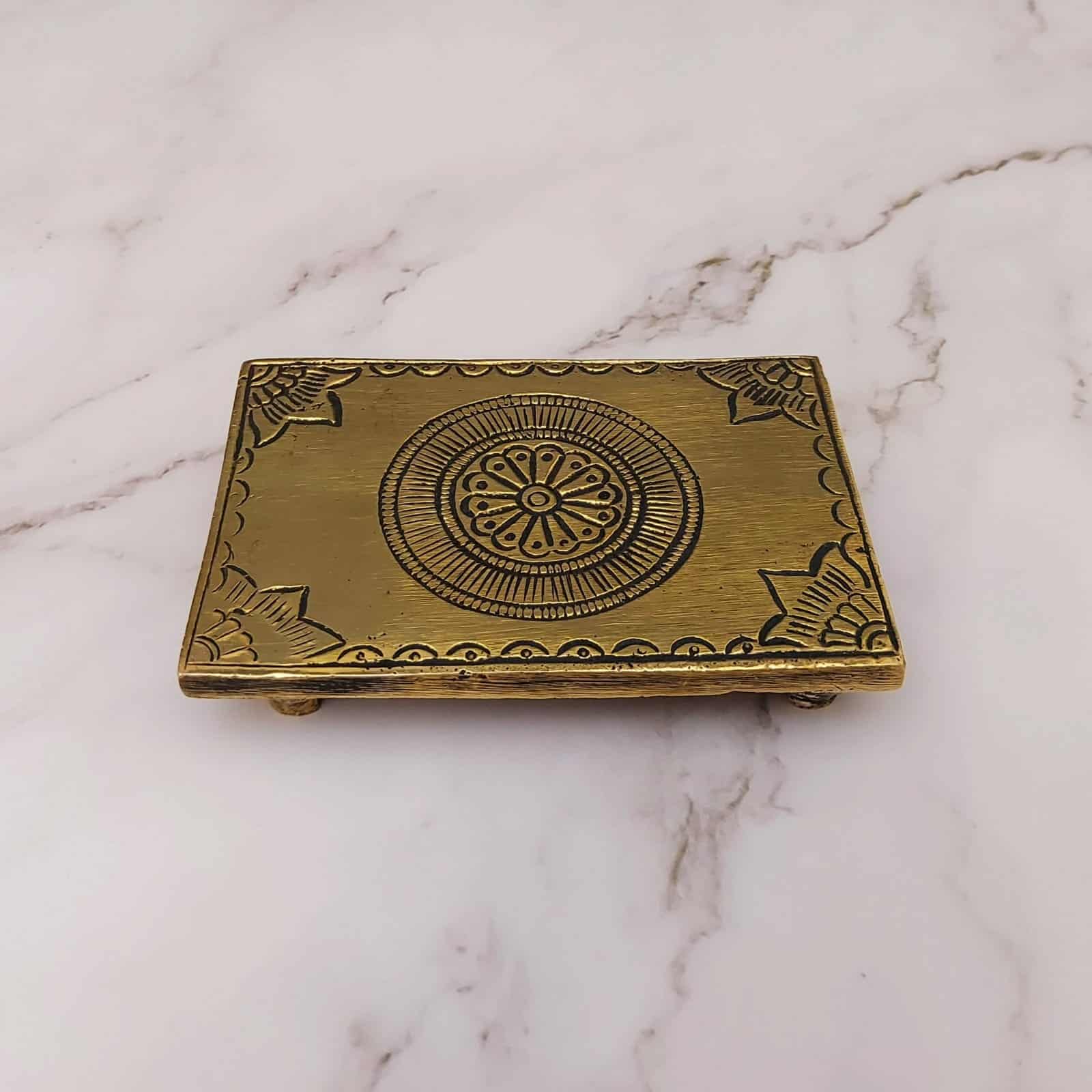 Brass Handcarved Pooja Chowki - 4.6 inch Length | Artistic Brass Base for Deity Worship