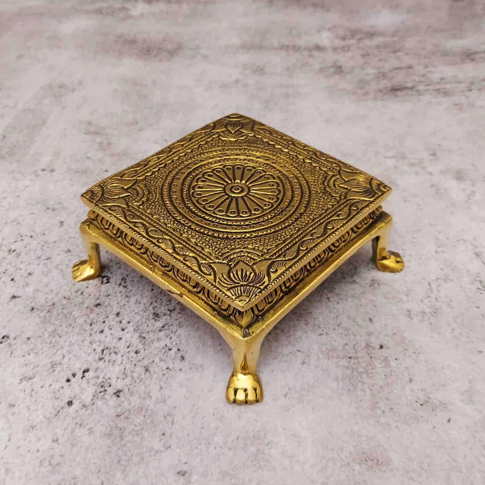 Brass Pooja Chowki - 4.5 inch Length | Traditional Brass Chowki for Religious Rituals