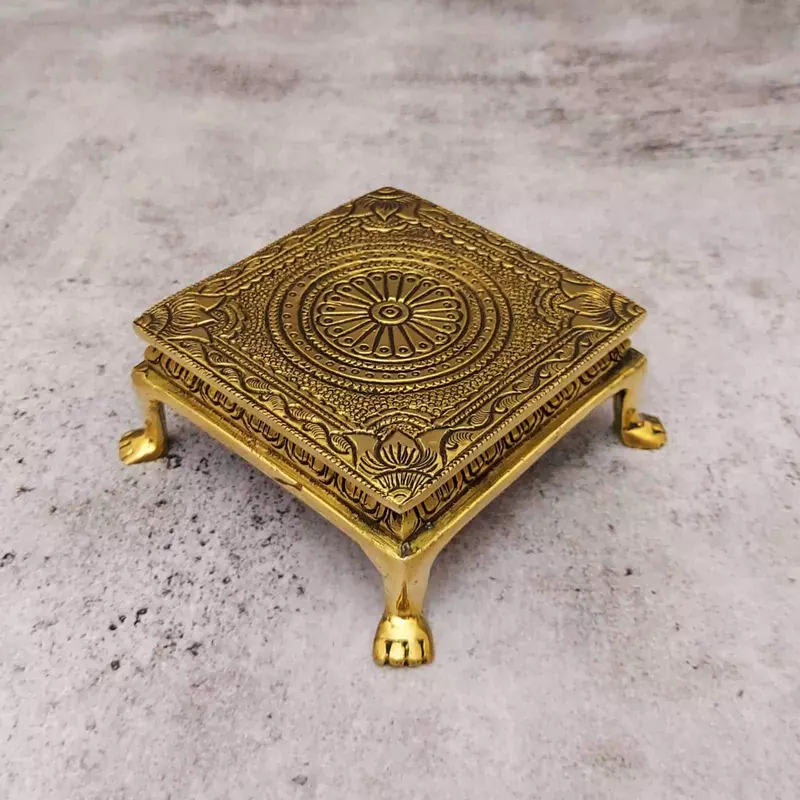 Brass Pooja Chowki - 4.5 inch Length | Traditional Brass Chowki for Religious Rituals