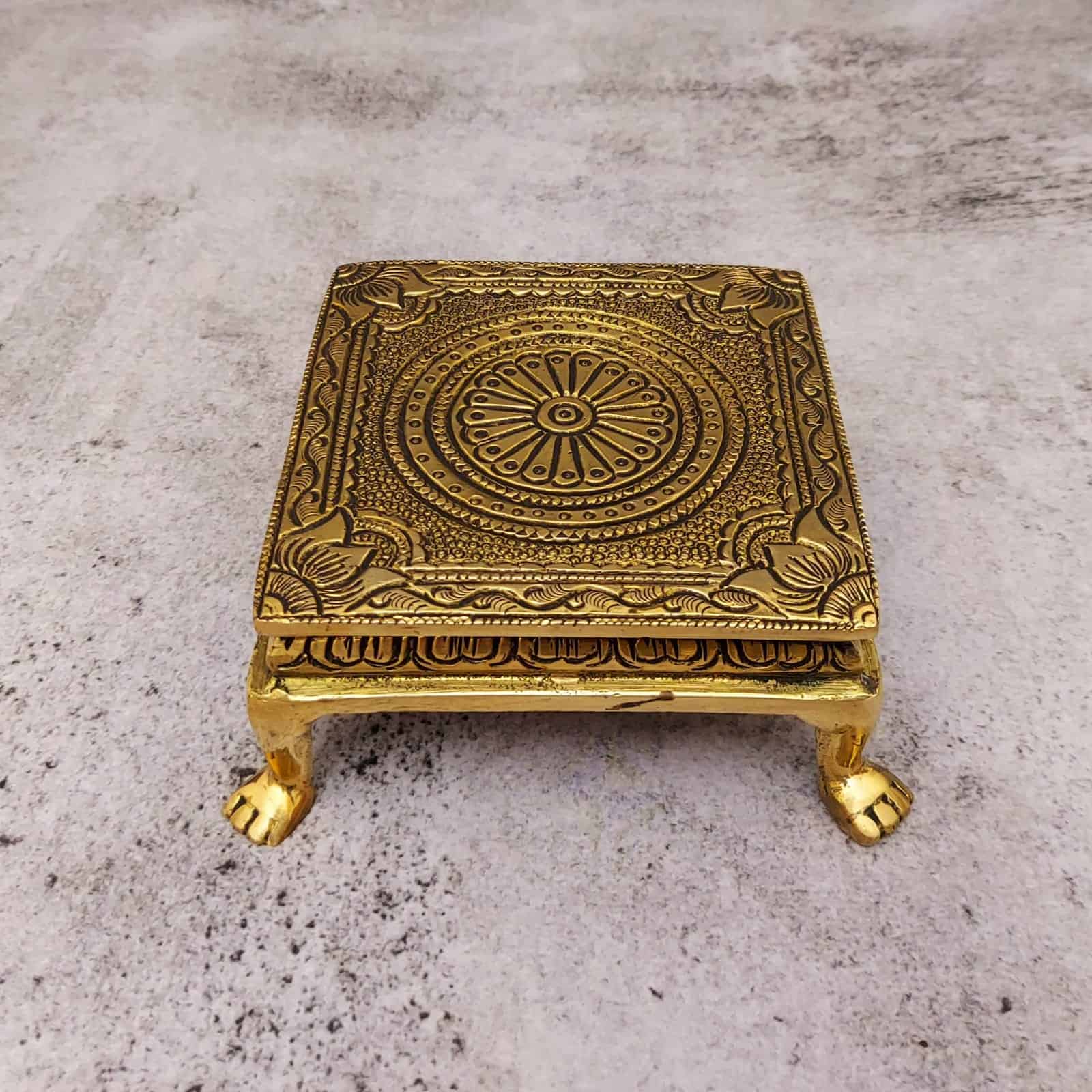 Brass Pooja Chowki - 4.5 inch Length | Traditional Brass Chowki for Religious Rituals
