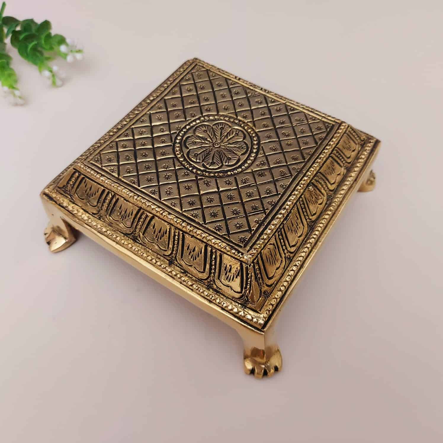 Brass Pooja Chowki - 5.5 inch Length | Ornate Brass Base for Pooja and Devotional Practices