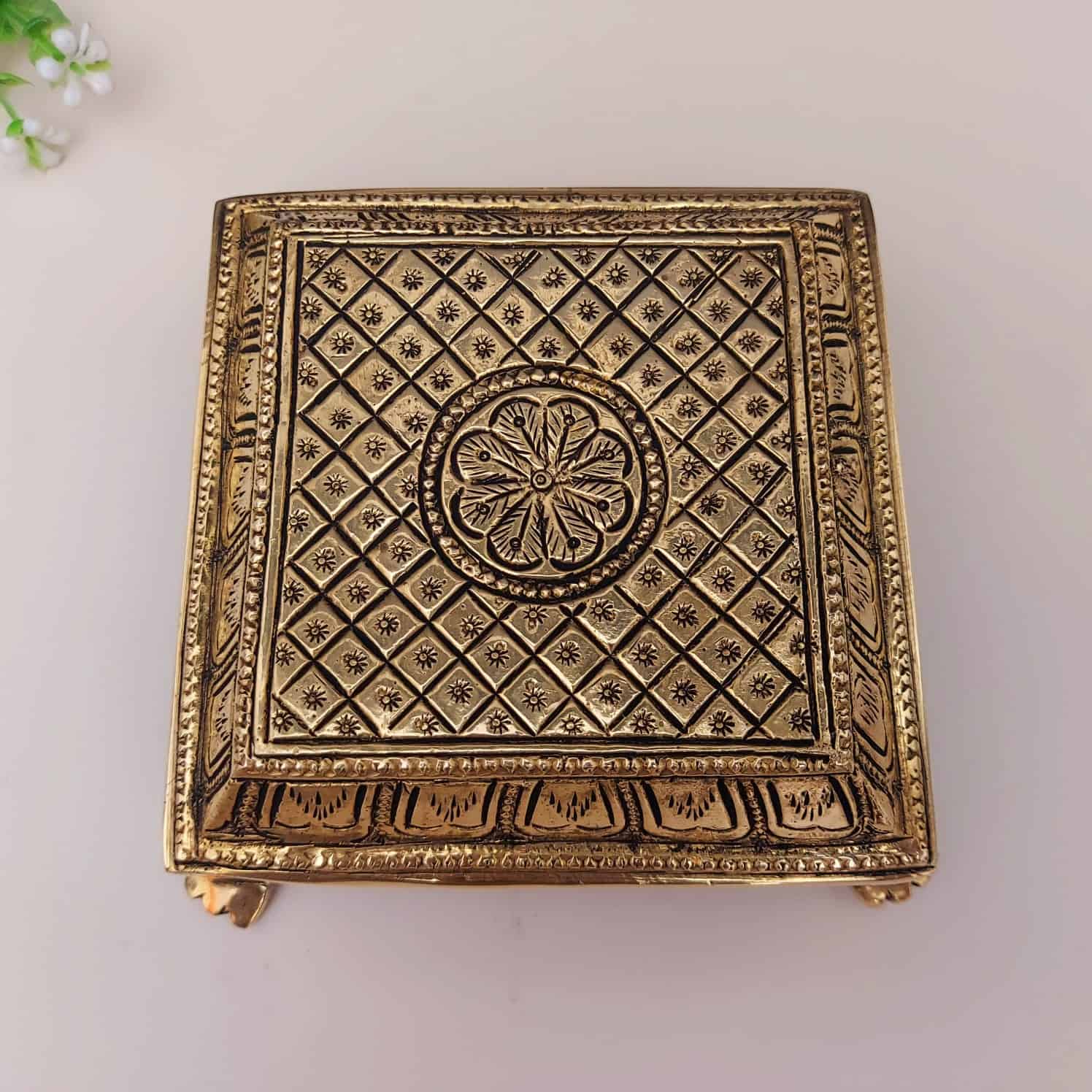 Brass Pooja Chowki - 5.5 inch Length | Ornate Brass Base for Pooja and Devotional Practices