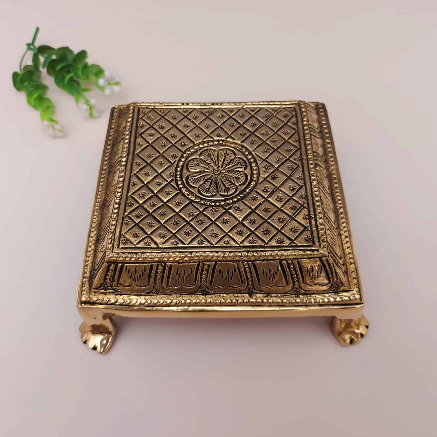 Brass Pooja Chowki - 5.5 inch Length | Ornate Brass Base for Pooja and Devotional Practices