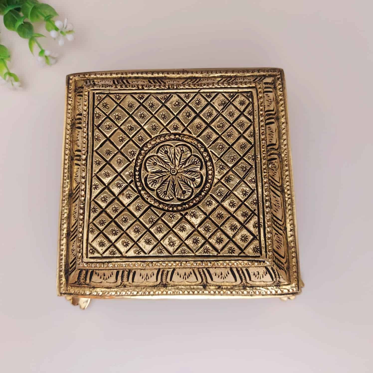 Brass Pooja Chowki - 5.5 inch Length | Ornate Brass Base for Pooja and Devotional Practices