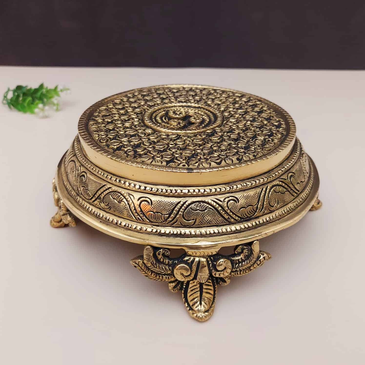 Brass Handcarved Traditional Pooja Chowki - 3 inch Height | Handcrafted Brass Chowki for Sacred Offerings