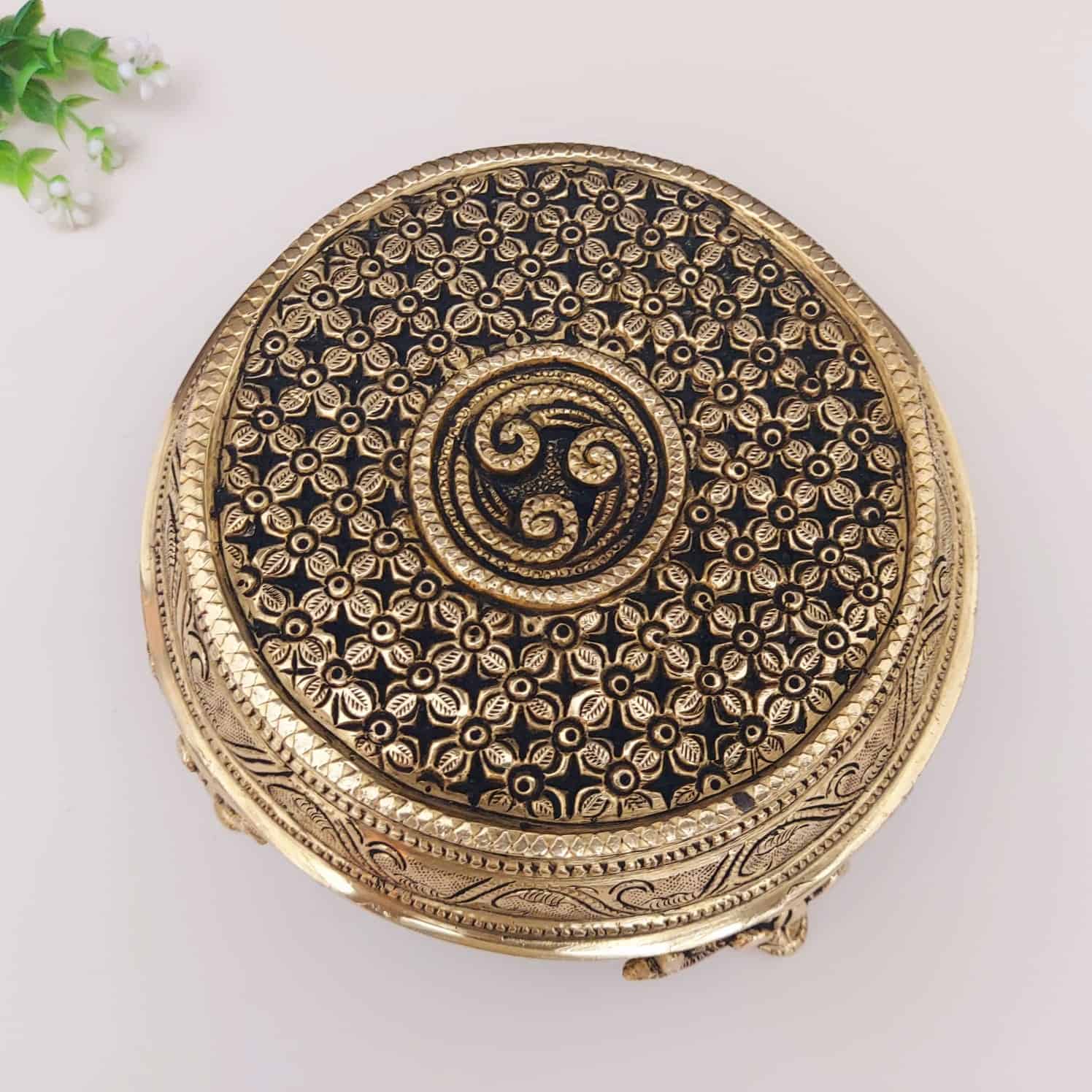 Brass Handcarved Traditional Pooja Chowki - 3 inch Height | Handcrafted Brass Chowki for Sacred Offerings