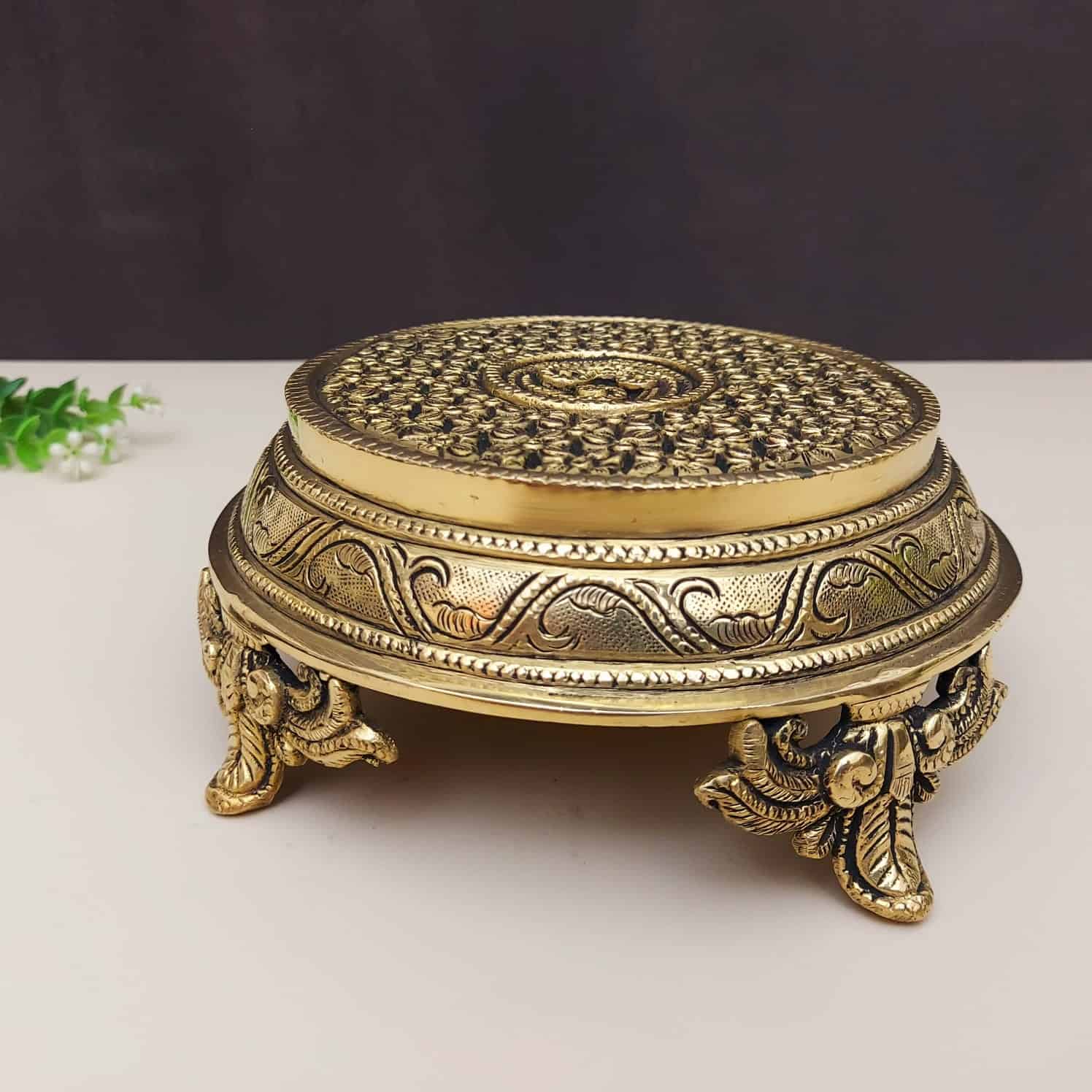 Brass Handcarved Traditional Pooja Chowki - 3 inch Height | Handcrafted Brass Chowki for Sacred Offerings