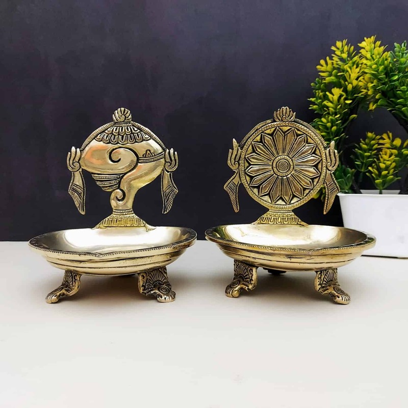 Brass Shankh Chakra Diya Set of Two - 6 inch Height | Traditional Brass Diya Set with Shankh and Chakra Design