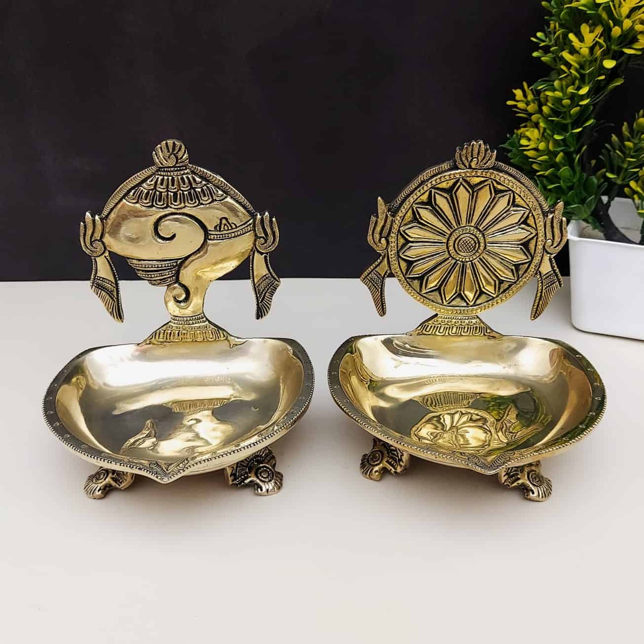 Brass Shankh Chakra Diya Set of Two - 6 inch Height | Traditional Brass Diya Set with Shankh and Chakra Design