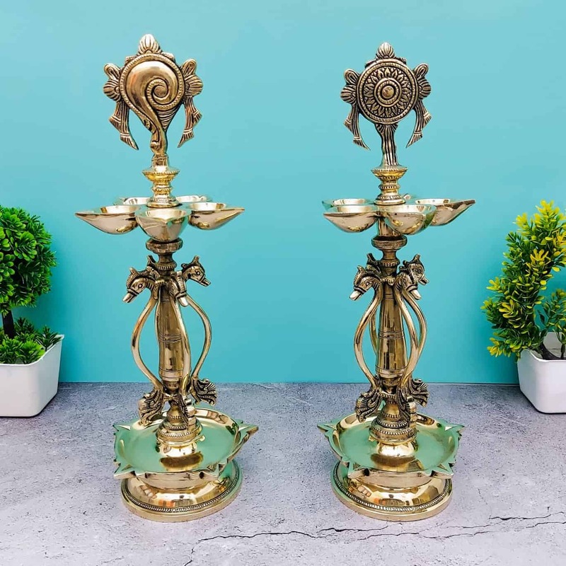 Brass Shankhchakra Lamps Set - 15.5 inch Height | Sacred Brass Shankhchakra Lamps for Pujas