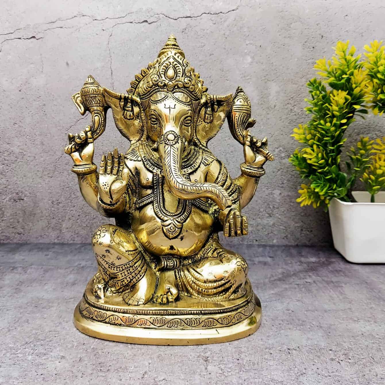 Brass Super Fine Ganesha Idol - 9 inch Height | Exquisite Brass Ganesha Statue with Fine Craftsmanship