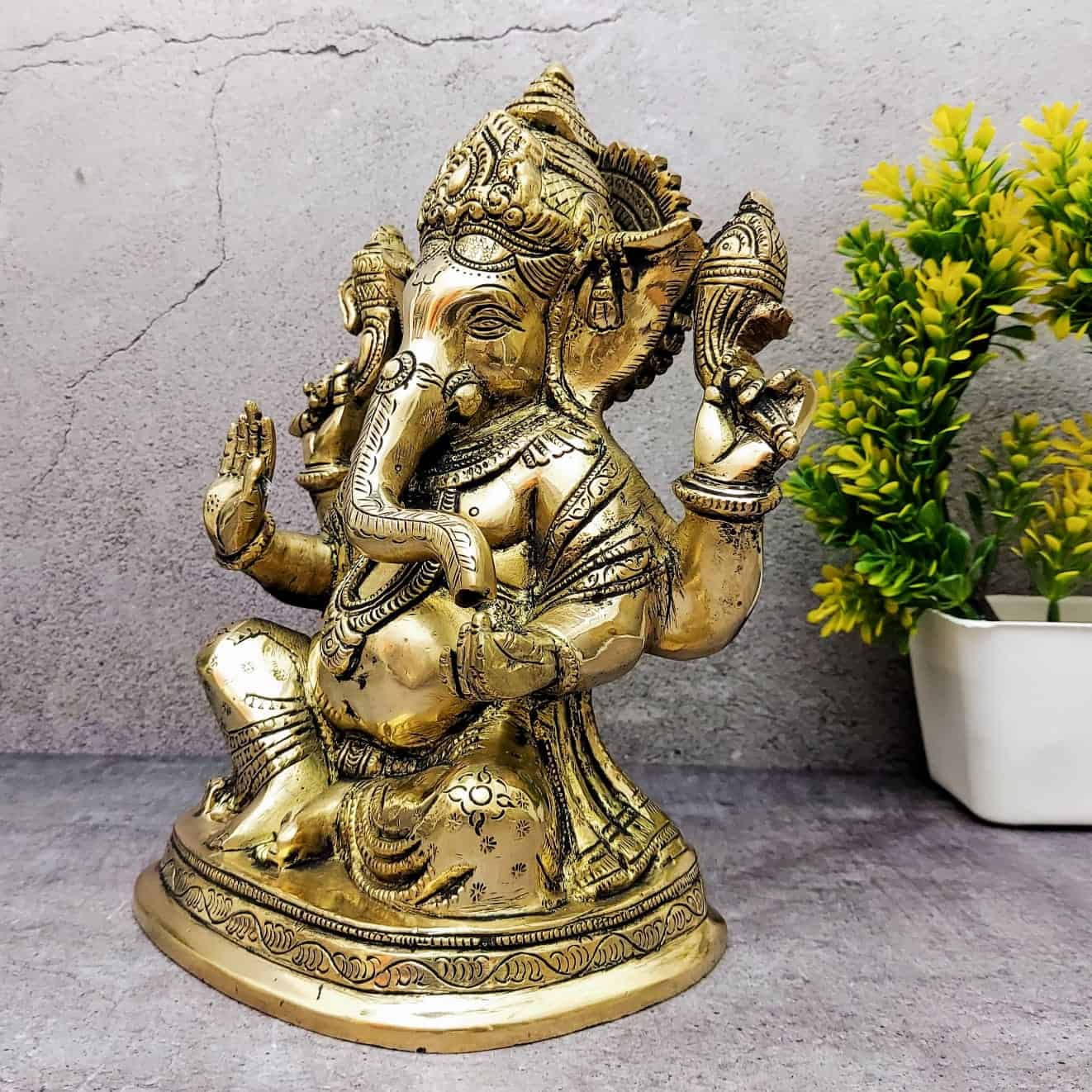 Brass Super Fine Ganesha Idol - 9 inch Height | Exquisite Brass Ganesha Statue with Fine Craftsmanship