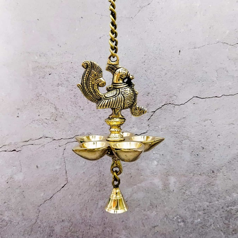 Brass Super Fine Peacock Hanging five Wick Diya - 25 inch Height | Magnificent Brass Peacock Wall Hanging Diya with Five Wicks