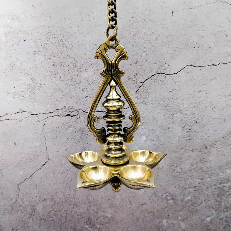 Brass Wall hanging five Wick Diya - 25 inch Height | Grand Brass Wall Hanging Diya with Five Wicks
