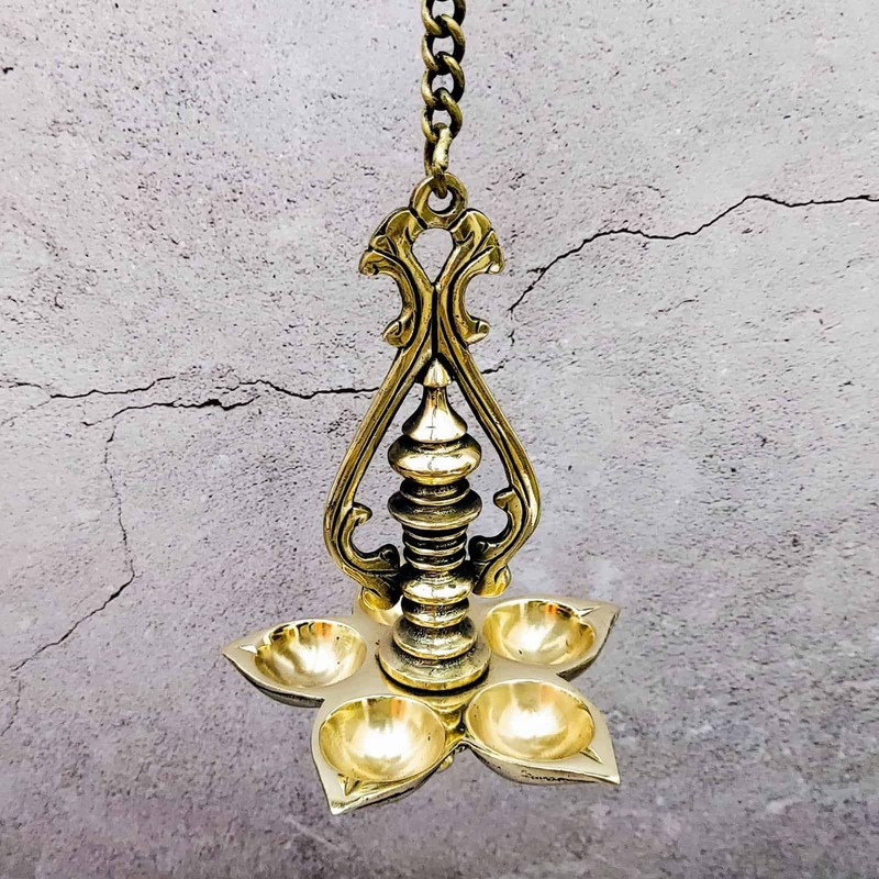 Brass Wall hanging five Wick Diya - 25 inch Height | Grand Brass Wall Hanging Diya with Five Wicks