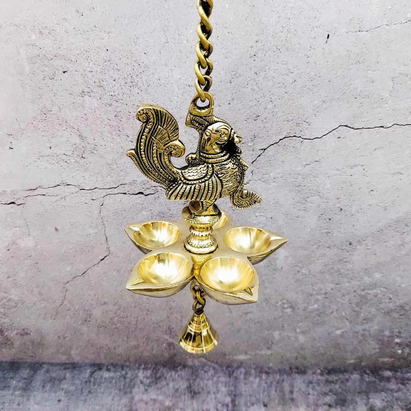 Brass Super Fine Peacock Hanging five Wick Diya - 25 inch Height | Magnificent Brass Peacock Wall Hanging Diya with Five Wicks