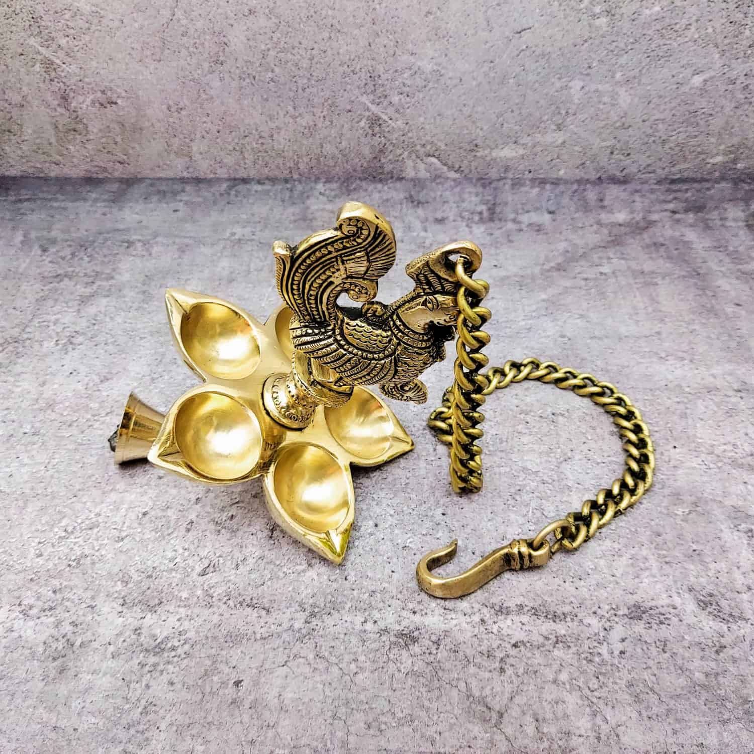 Brass Super Fine Peacock Hanging five Wick Diya - 25 inch Height | Magnificent Brass Peacock Wall Hanging Diya with Five Wicks
