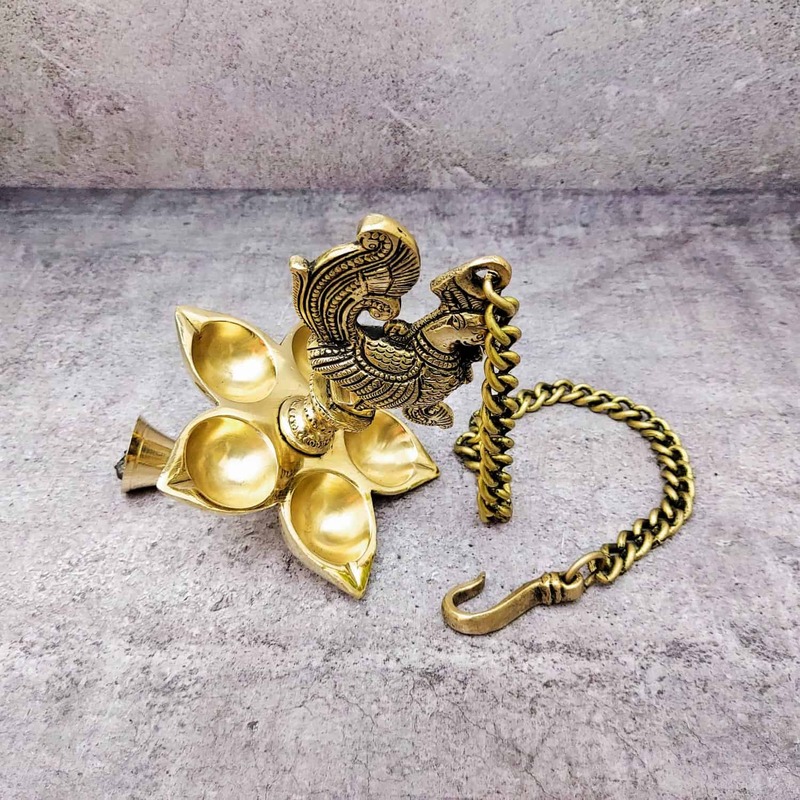 Brass Super Fine Peacock Hanging five Wick Diya - 25 inch Height | Magnificent Brass Peacock Wall Hanging Diya with Five Wicks