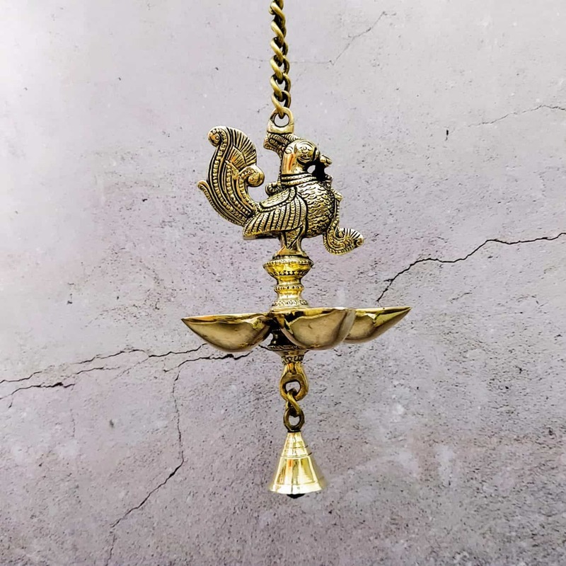 Brass Super Fine Peacock Hanging five Wick Diya - 25 inch Height | Magnificent Brass Peacock Wall Hanging Diya with Five Wicks