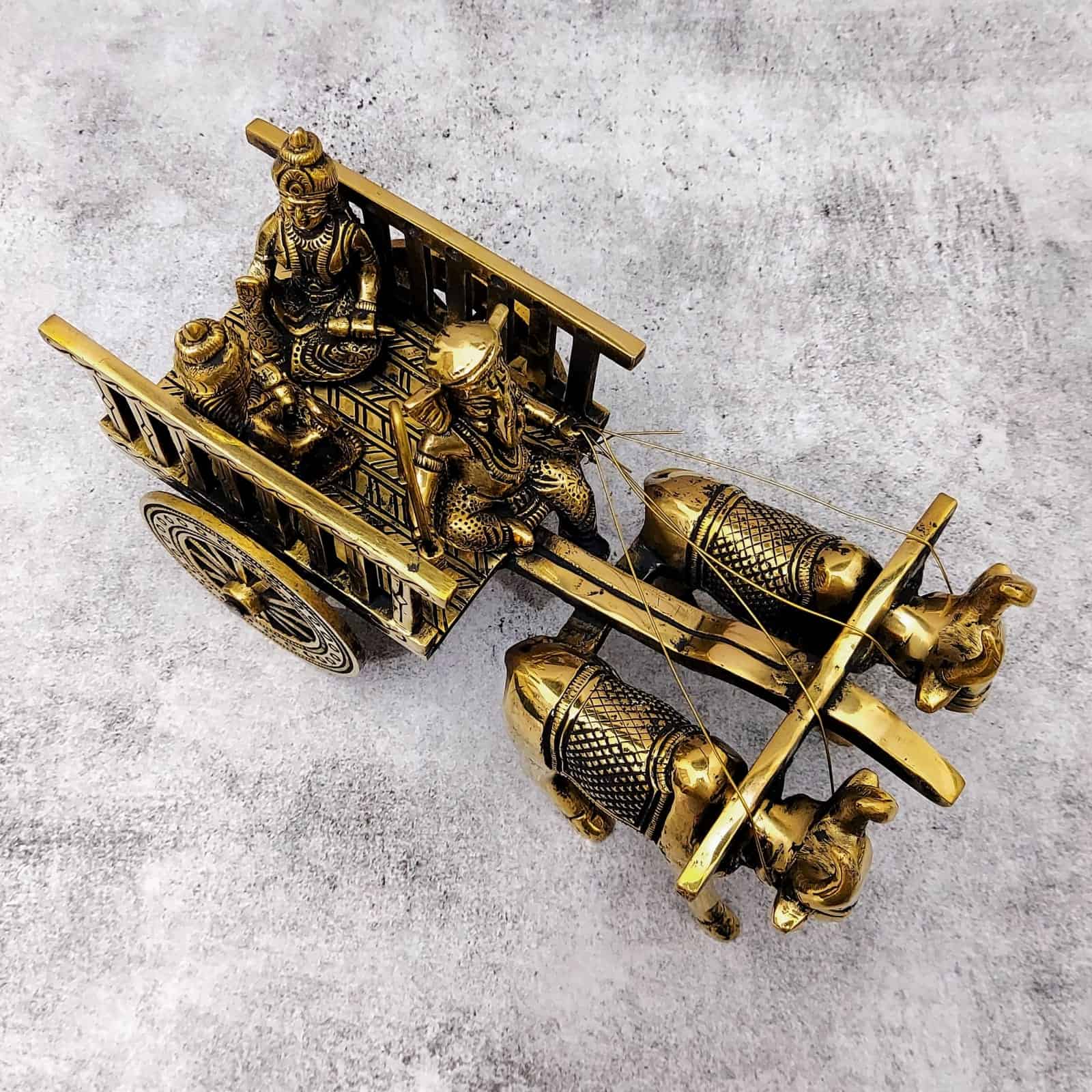 Brass Ganesha Double Bullock Cart - 5.5 inch Height | Intricate Brass Ganesha Statue on Double Bullock Cart