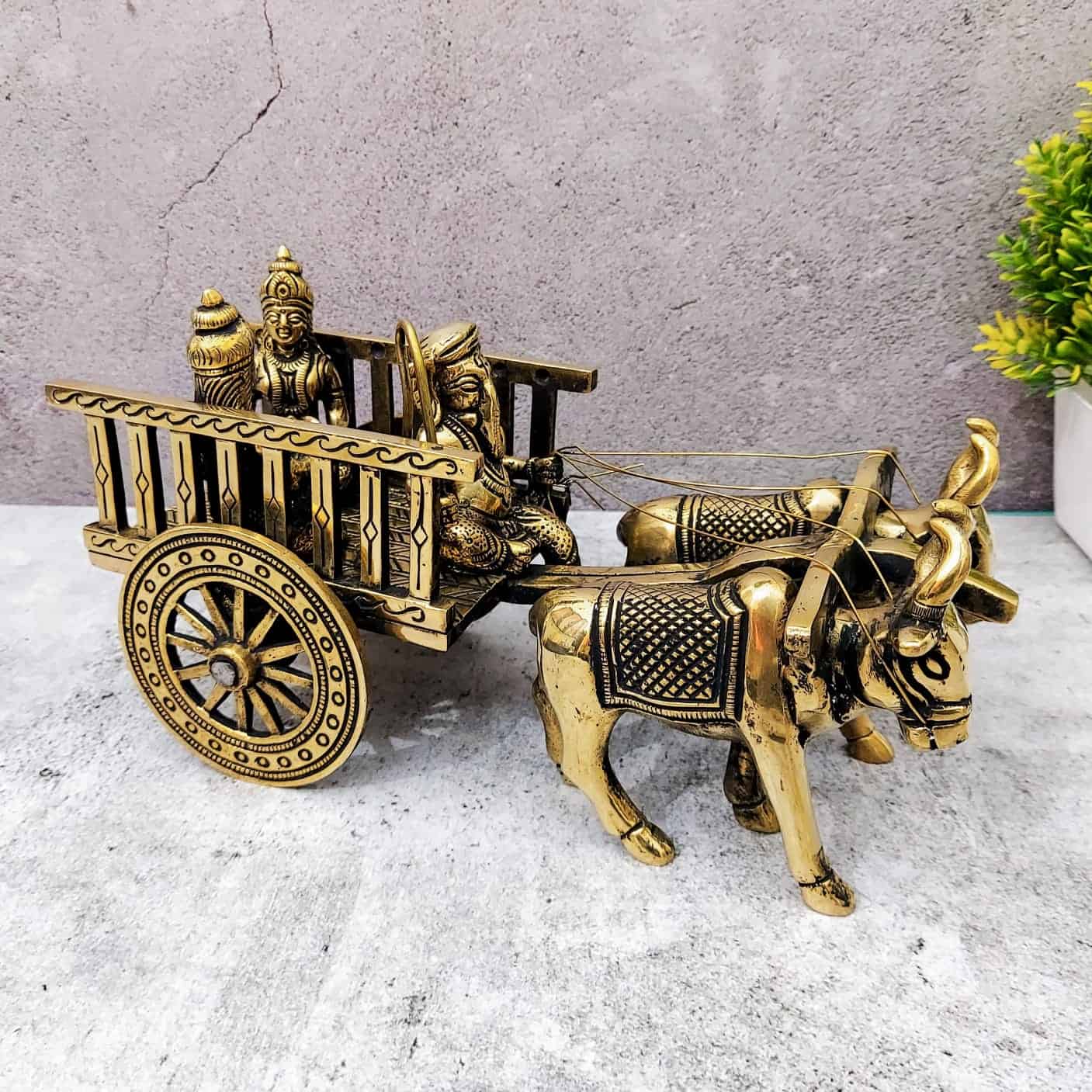 Brass Ganesha Double Bullock Cart - 5.5 inch Height | Intricate Brass Ganesha Statue on Double Bullock Cart