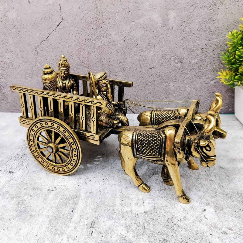 Brass Ganesha Double Bullock Cart - 5.5 inch Height | Intricate Brass Ganesha Statue on Double Bullock Cart