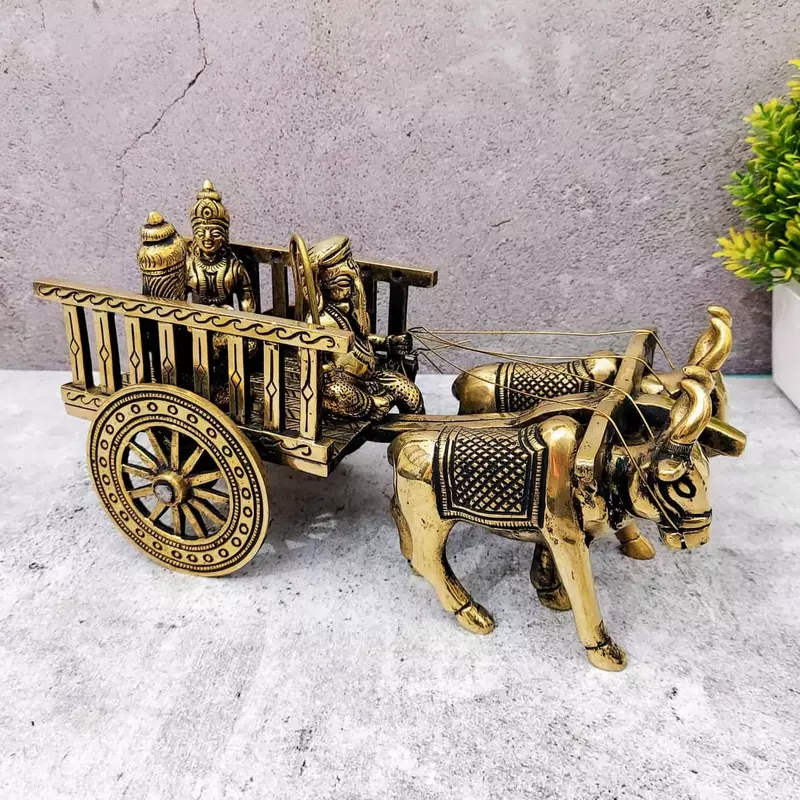 Brass Ganesha Double Bullock Cart - 5.5 inch Height | Intricate Brass Ganesha Statue on Double Bullock Cart