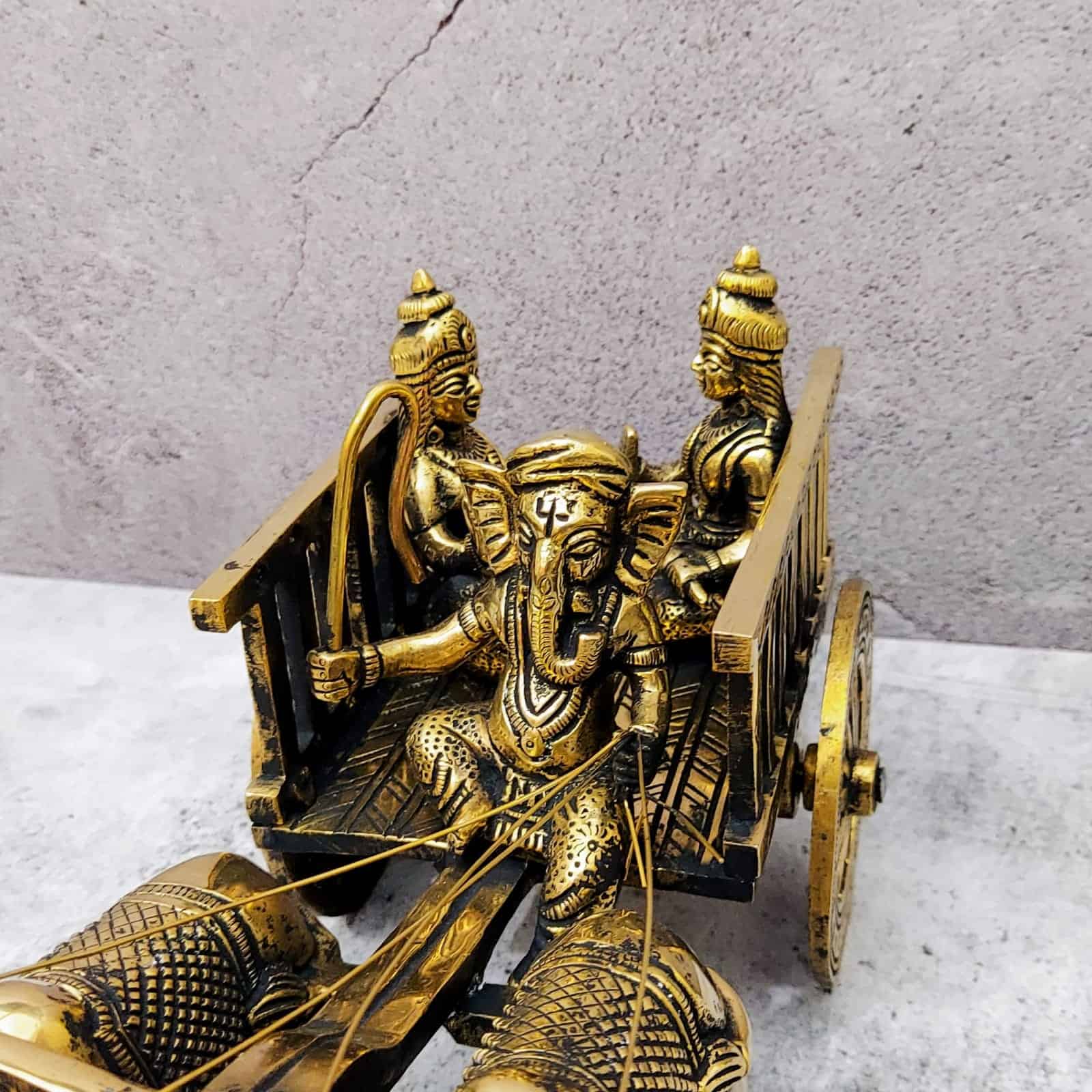 Brass Ganesha Double Bullock Cart - 5.5 inch Height | Intricate Brass Ganesha Statue on Double Bullock Cart