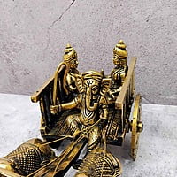 Brass Ganesha Double Bullock Cart - 5.5 inch Height | Intricate Brass Ganesha Statue on Double Bullock Cart