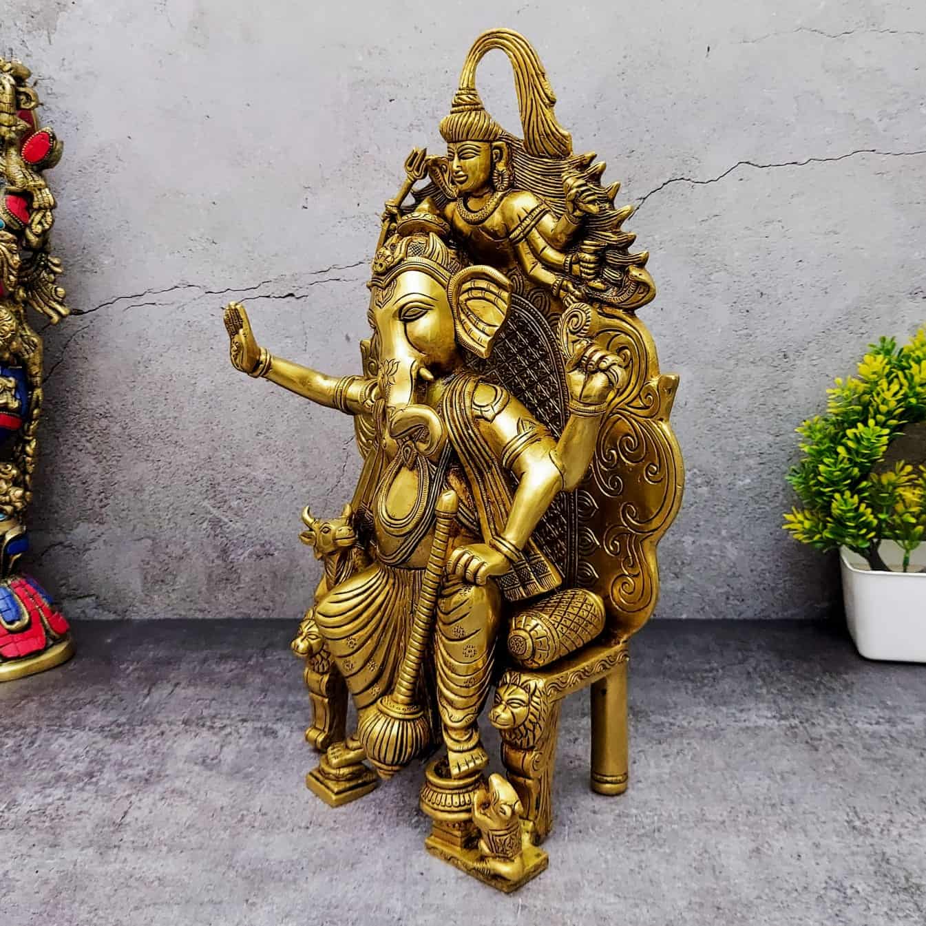 Brass Ganesha with Cow on Shiv Simhasan - 16 inch Height | Majestic Brass Ganesha Statue with Cow on Shiv Simhasan