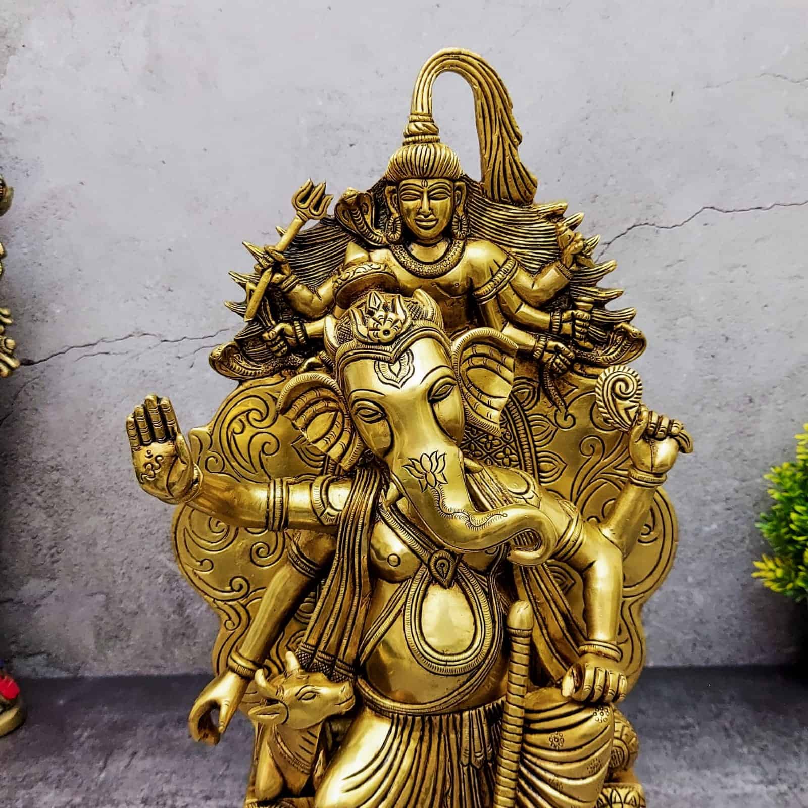 Brass Ganesha with Cow on Shiv Simhasan - 16 inch Height | Majestic Brass Ganesha Statue with Cow on Shiv Simhasan