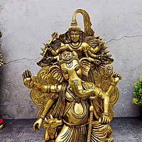 Brass Ganesha with Cow on Shiv Simhasan - 16 inch Height | Majestic Brass Ganesha Statue with Cow on Shiv Simhasan