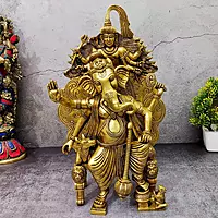 Brass Ganesha with Cow on Shiv Simhasan - 16 inch Height | Majestic Brass Ganesha Statue with Cow on Shiv Simhasan