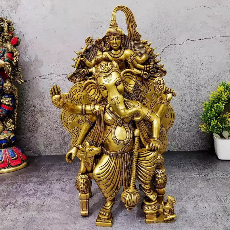 Brass Ganesha with Cow on Shiv Simhasan - 16 inch Height | Majestic Brass Ganesha Statue with Cow on Shiv Simhasan