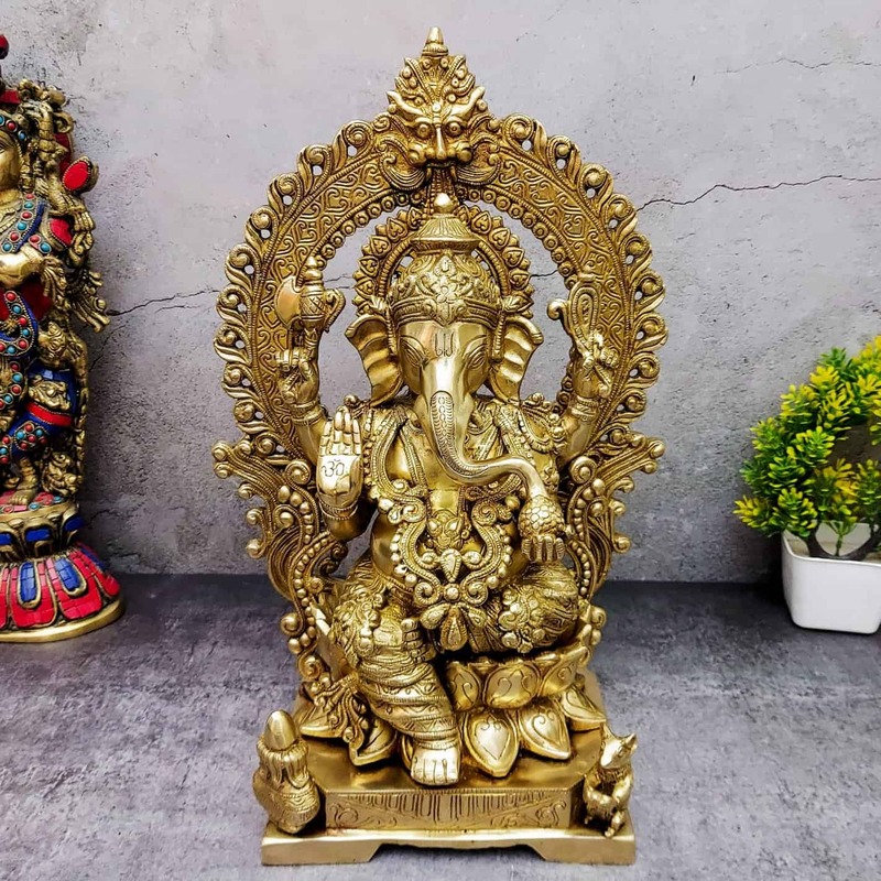 Brass Ganesha Idol - 18 inch Height - 17.5 inch Height | Grand Brass Ganesha Statue for Worship and Decor